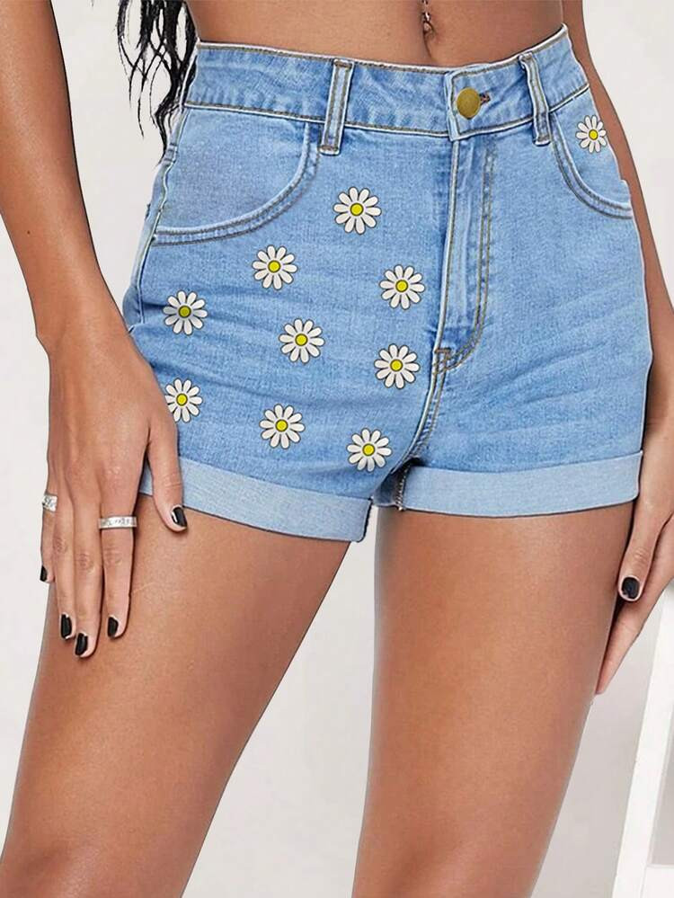 Daisy Floral Print Roll Up Hem Denim Shorts | SHEIN