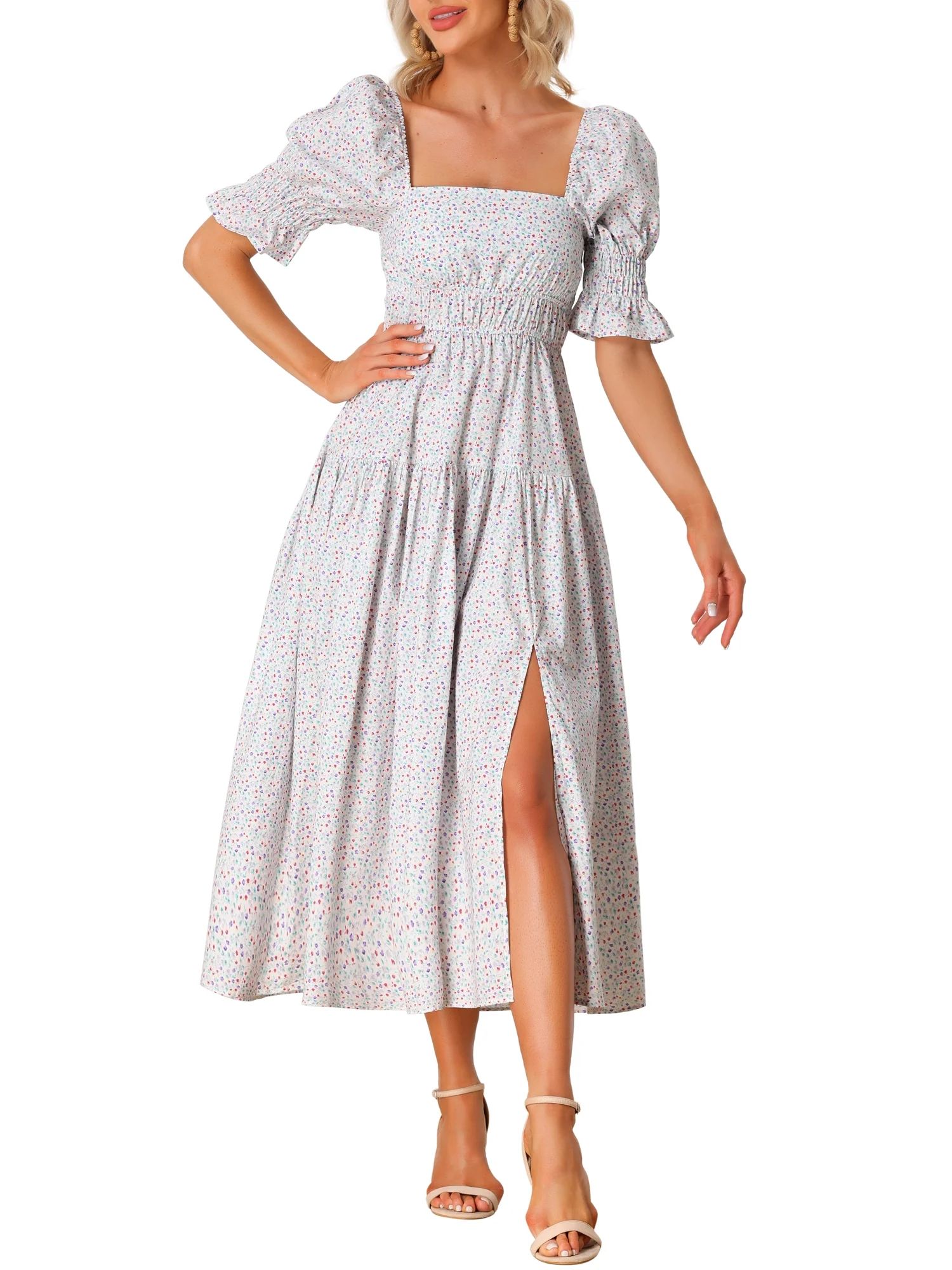 Allegra K Women's Peasant Floral Square Neck Short Puff Sleeve Smocked Dresses | Walmart (US)