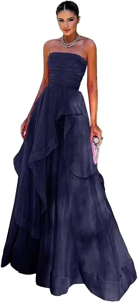 Strapless Prom Dresses Tulle Tube A-Line Ruffle Quinceanera Dresses for Women Formal Evening Part... | Amazon (US)