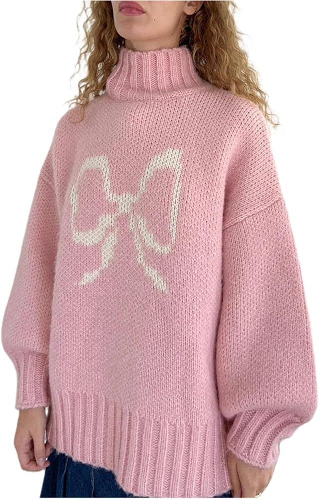 Women Valentines Day Turtleneck Sweaters for Teen Girls Heart Print Oversized Long Sleeve Knit Pu... | Amazon (US)