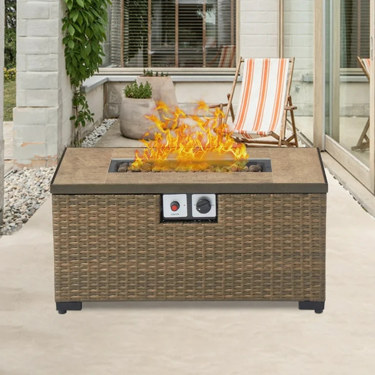 Kinbor Patio Propane Fire Pit Table, 32 inch 40,000BTU Outdoor PE Rattan Wicker Rectangle Gas Fir... | Walmart (US)