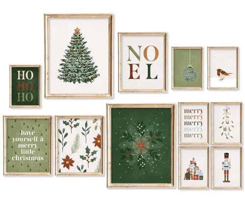 JarThenaAMCS 12Pcs Christmas Wall Art Prints Green Boho Xmas Watercolor Art Poster Winter Aesthetic Wall Decor for Gallery Living Room Bedroom (UNFRAMED) | Amazon (US)