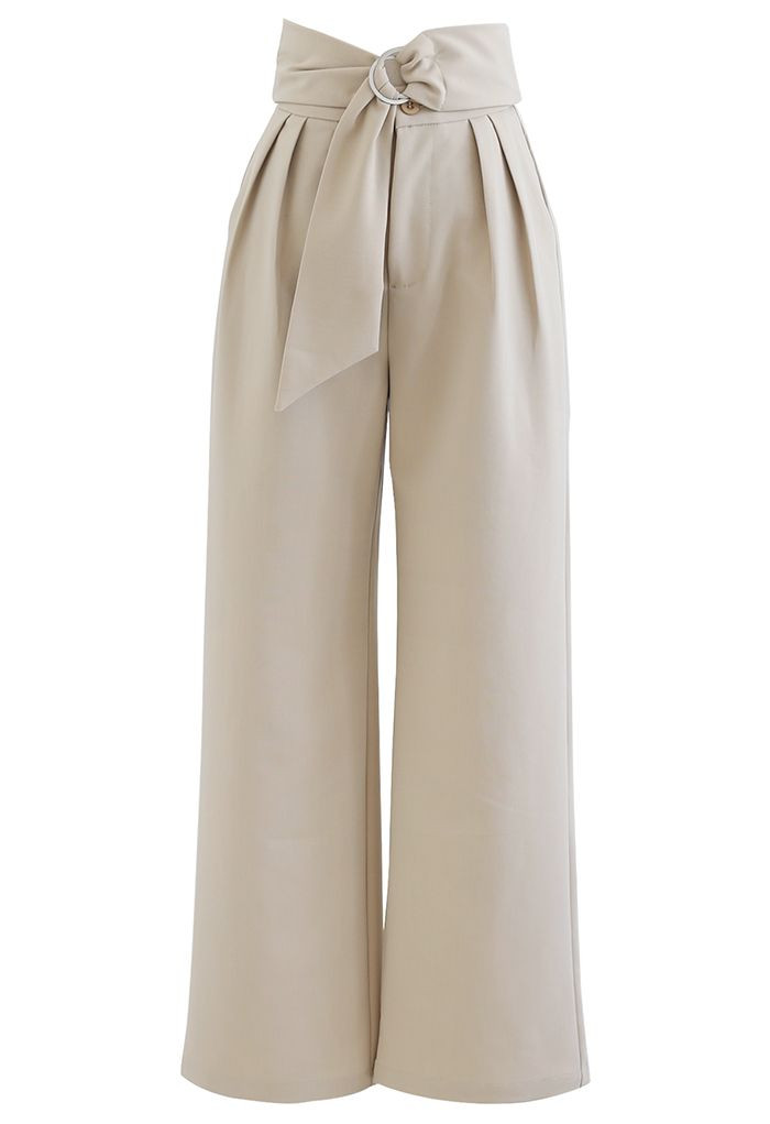 O-Ring Knotted Waist Wide Leg Pants in Sand | Chicwish