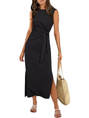 ANRABESS Womens Summer Maxi Dress Casual Crew Neck Tie Waist Split Wrinkle-Free Fit Tank Long Vac... | Amazon (US)