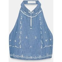 Zara - Embroidered Halter Top - Light Blue - L - Woman | Zara US