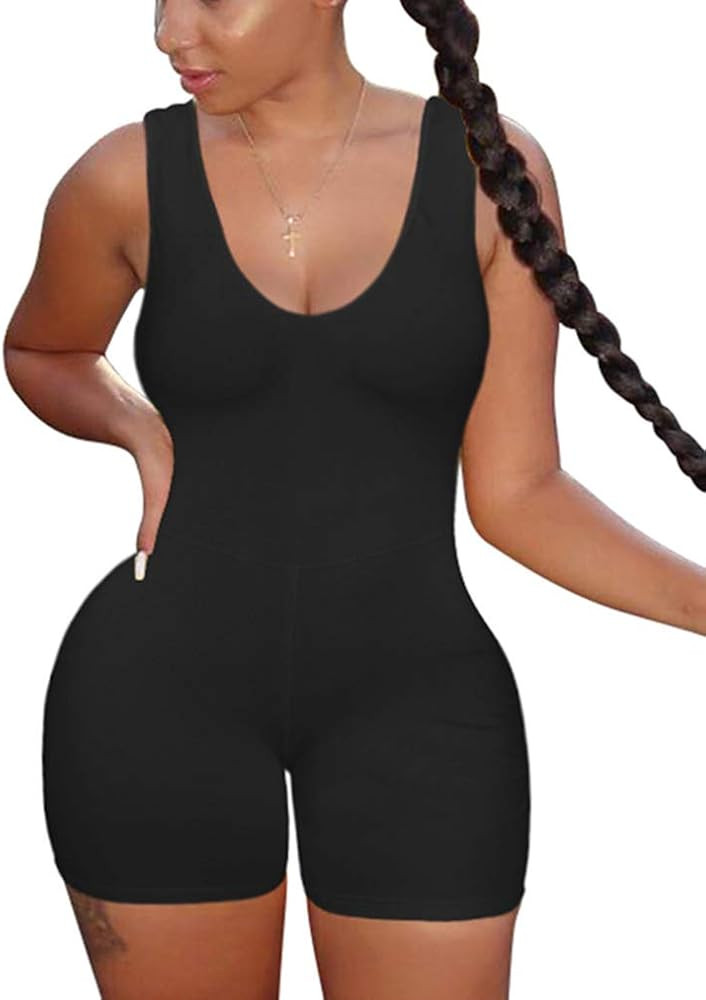 XXTAXN Women's Sexy One Piece Sleeveless V Neck Tank Top Rompers Short Bodycon Jumpsuit | Amazon (US)