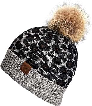 C.C Exclusives Soft Beanie hat with Leopard Pattern and Fur Pom(HAT-7001)(SF-7001) | Amazon (US)