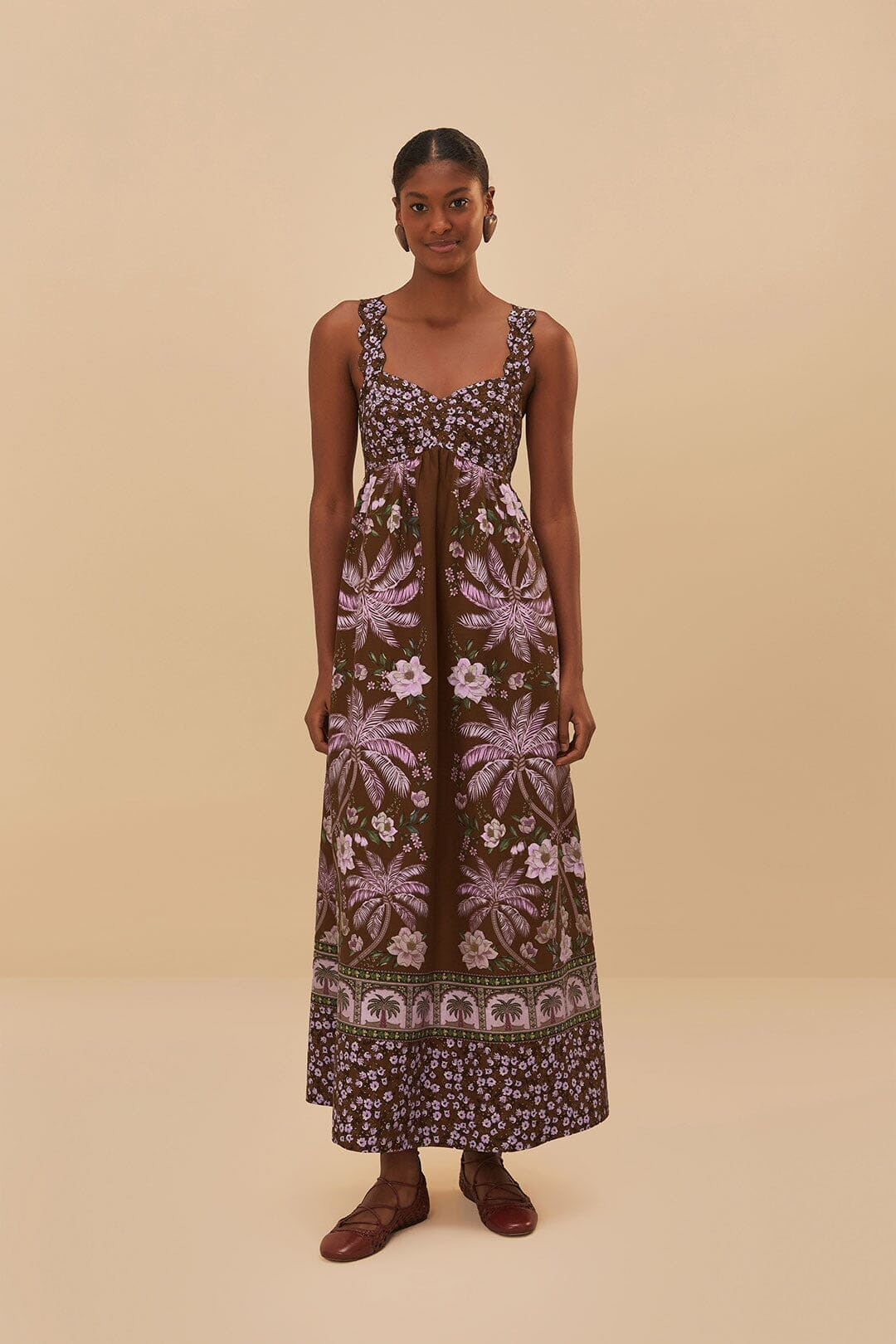 Brown Palm Dream LENZING™ ECOVERO™ Euroflax™ Maxi Dress | Farm Rio UK
