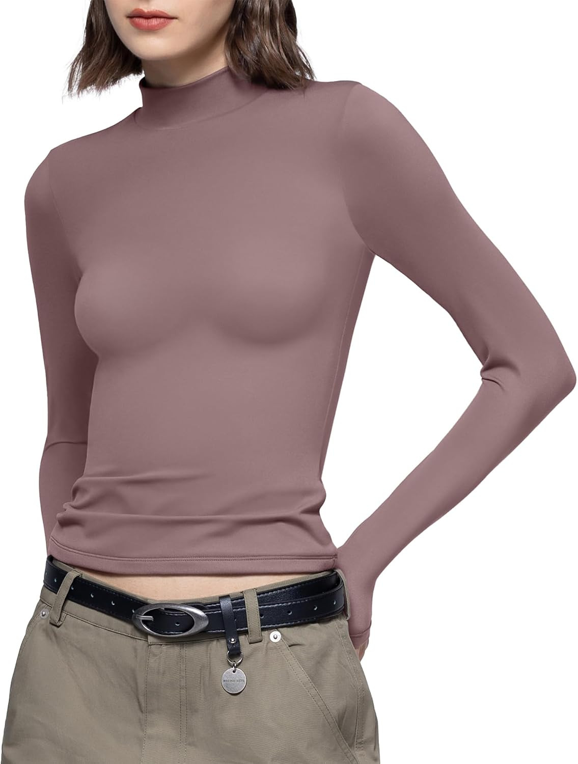 PUMIEY Women's Long Sleeve T Shirts Mock Turtleneck Slim Fit Tops Sexy Basic Tee Smoke Cloud Pro Collection | Amazon (US)