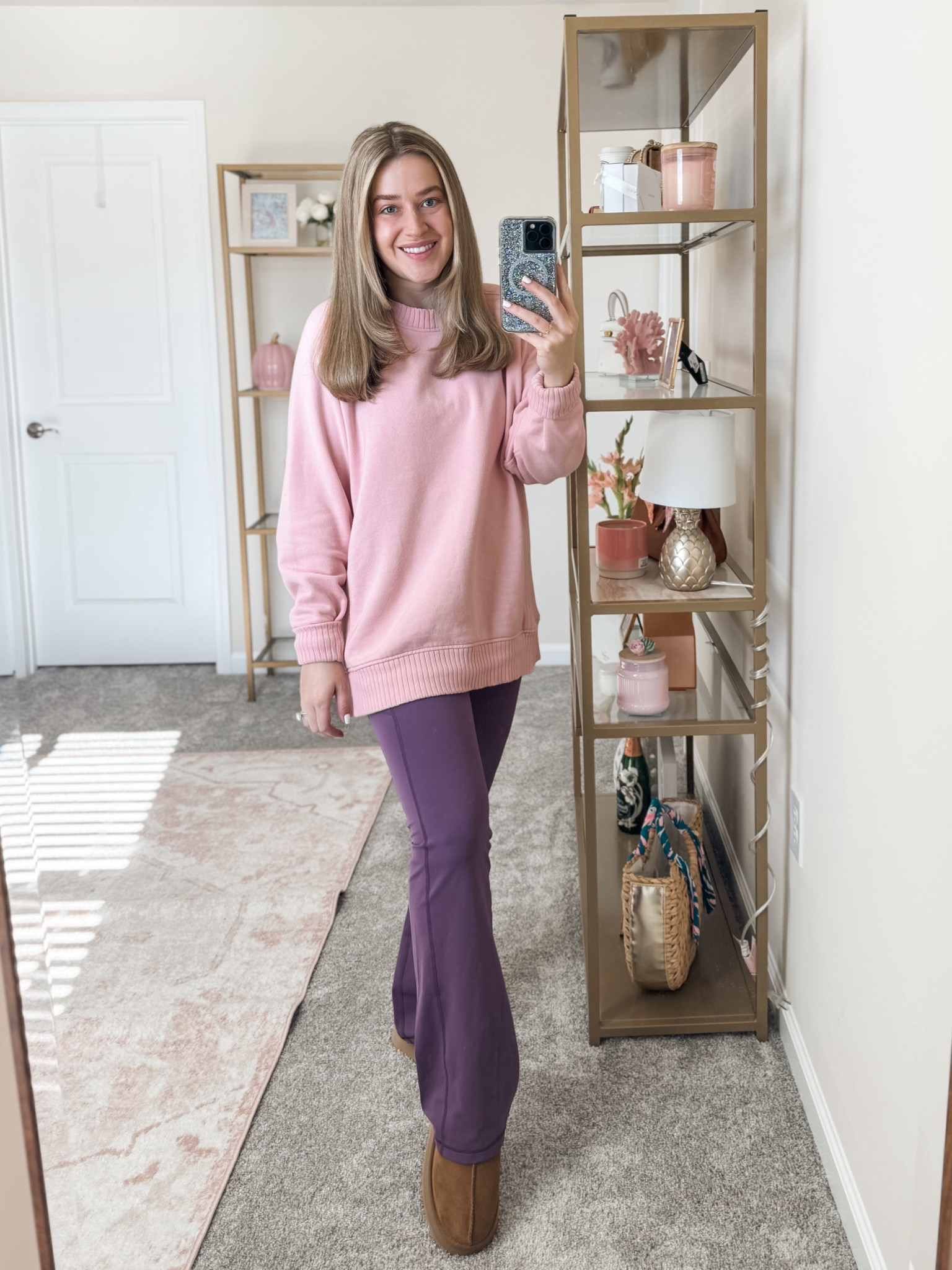 Oversized crewneck. Flare leggings. Maternity outfit idea. Winter maternity outfit. Platform slippers  

#LTKFindsUnder50 #LTKShoeCrush #LTKBump