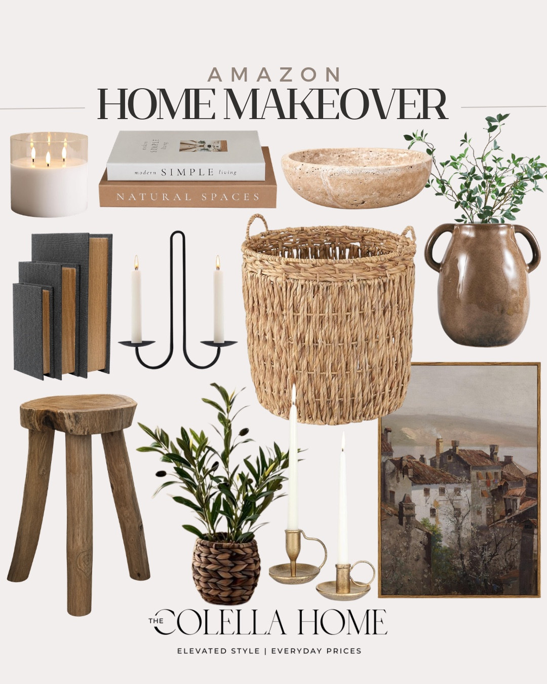 Home makeover finds include faux plant, candlestick holders, wall art, stool, basket, vase, greenery stems, decorative bowls, book stack, candle, candlestick holder.

Home decor, home makeover, looks for less, neutral home

#LTKHome #LTKvlog #LTKSeasonal