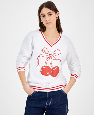 Juniors' V-Neck Cherry Bow Fleece Sweatshirt | Macy's