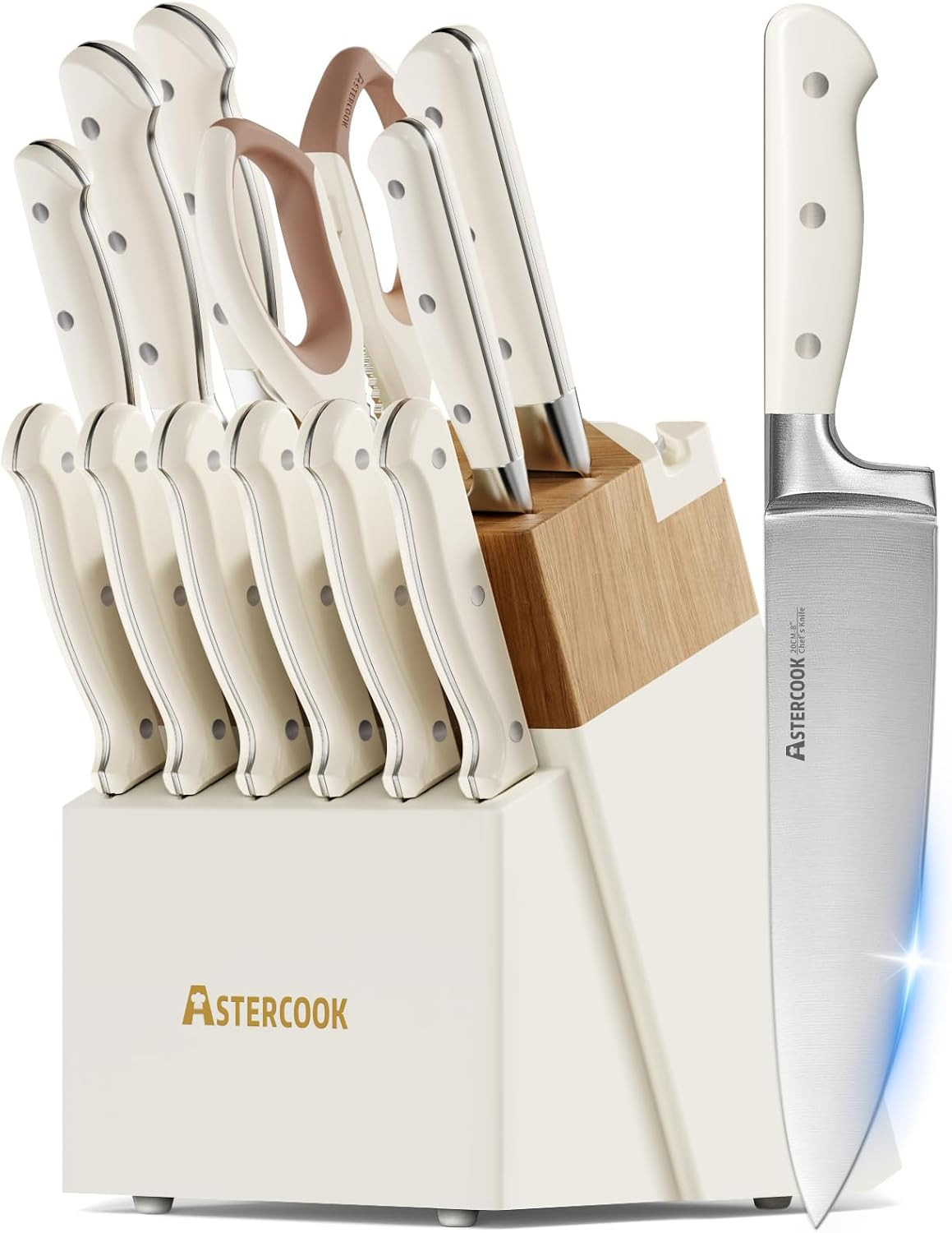 Knife Set,Astercook Kitchen Knife Set with Block 14-Piece Full Tang Stainless Steel Knives with Sharpener Dishwasher Safe and Anti-Slip Ergonomic Handle Elegant Cream White Utensils Set | Amazon (US)