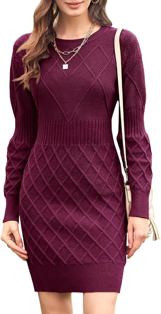 Dyexces Womens Sweater Dress Long Sleeve Crewneck Diamond Knit Sweater Dresses Sexy Slim Fit Pull... | Amazon (US)