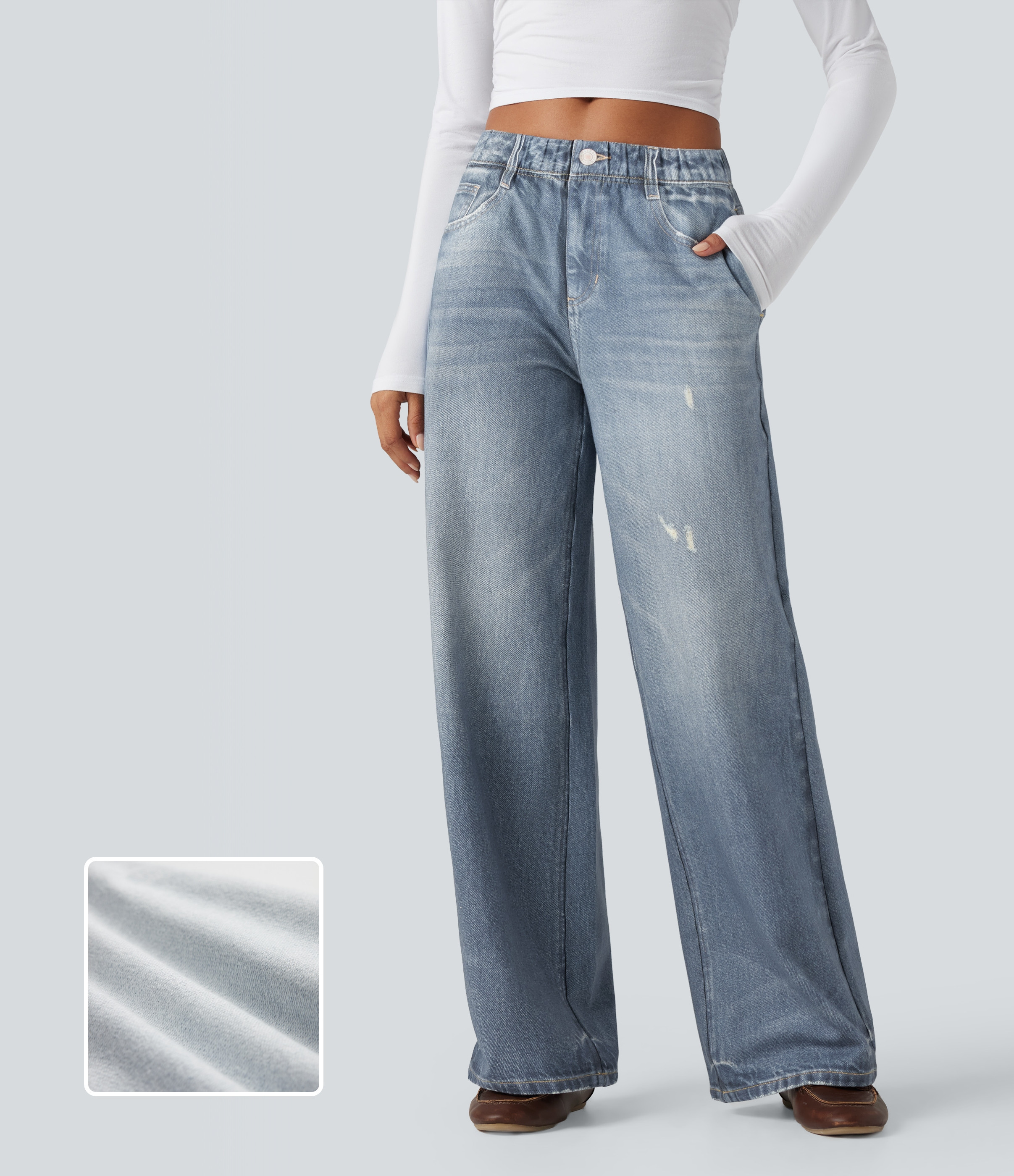 Halara Halara Flex™ Mid Rise Wide Leg Casual French Terry Sweatpants Jeans with Pockets - Light Ocean Denim - S(regular) | HALARA