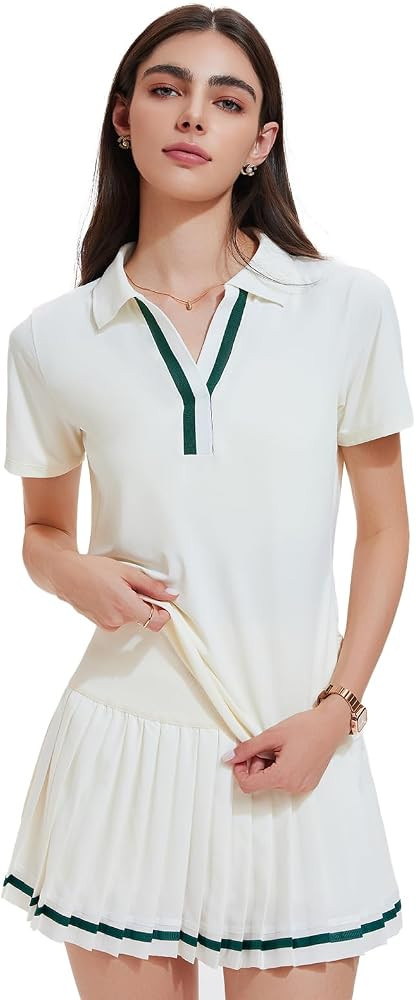 Women 2 Piece Tennis Skirt Set Pleated Golf Outfit, Polo V-Neck Athletic Dress Alternative Skort Set for Pickleball Pockets | Amazon (US)