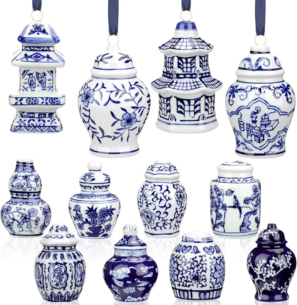 12 Pieces Chinoiserie Porcelain Christmas Ornaments Blue and White Ornaments Mini Ginger Jar Chri... | Amazon (US)