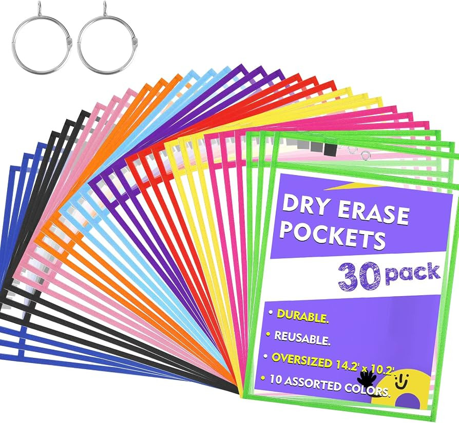 Shemira 30 Pack Oversized Dry Erase Pocket Sleeves with 2 Rings, Reusable Ticket Holders, Clear P... | Amazon (US)