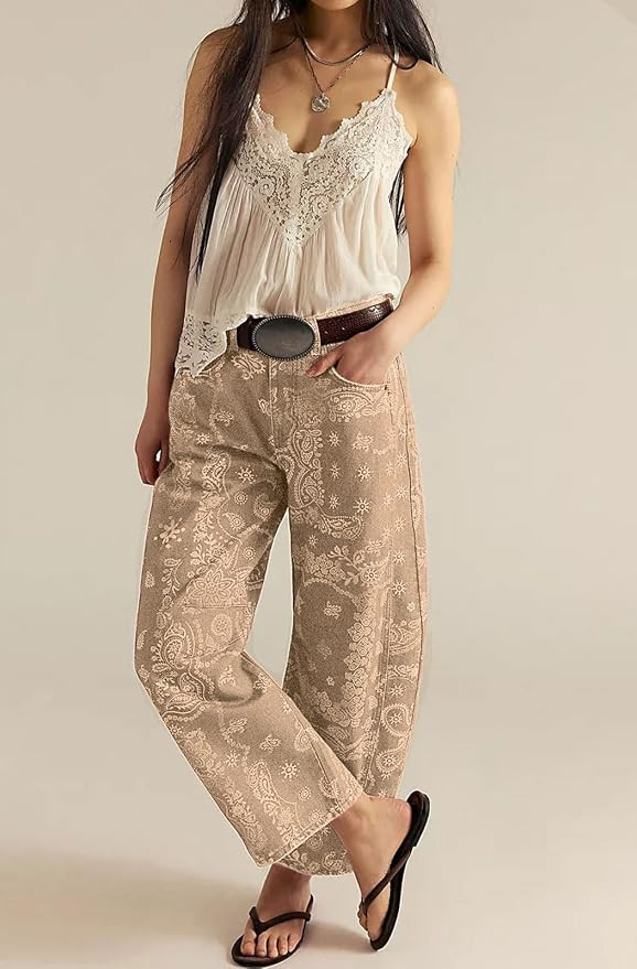 loveimgs Women Boyfriend Baggy Barrel Jeans Floral Print Denim Ankle Pants Wide Leg Mid Rise Jean... | Amazon (US)