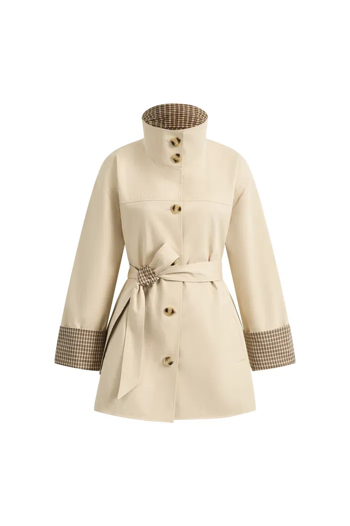 Sita Check Panel Belted Cropped Trench Coat In Trench Cotton | Fabrique