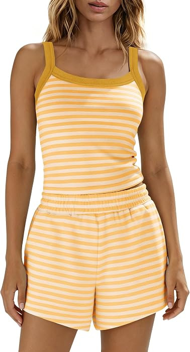 Panadila Women Striped Lounge Set 2 Piece Shorts Sets Spaghetti Strap Tank Top High Waisted Shorts Travel Outfits (Yellow Combo,M) | Amazon (US)