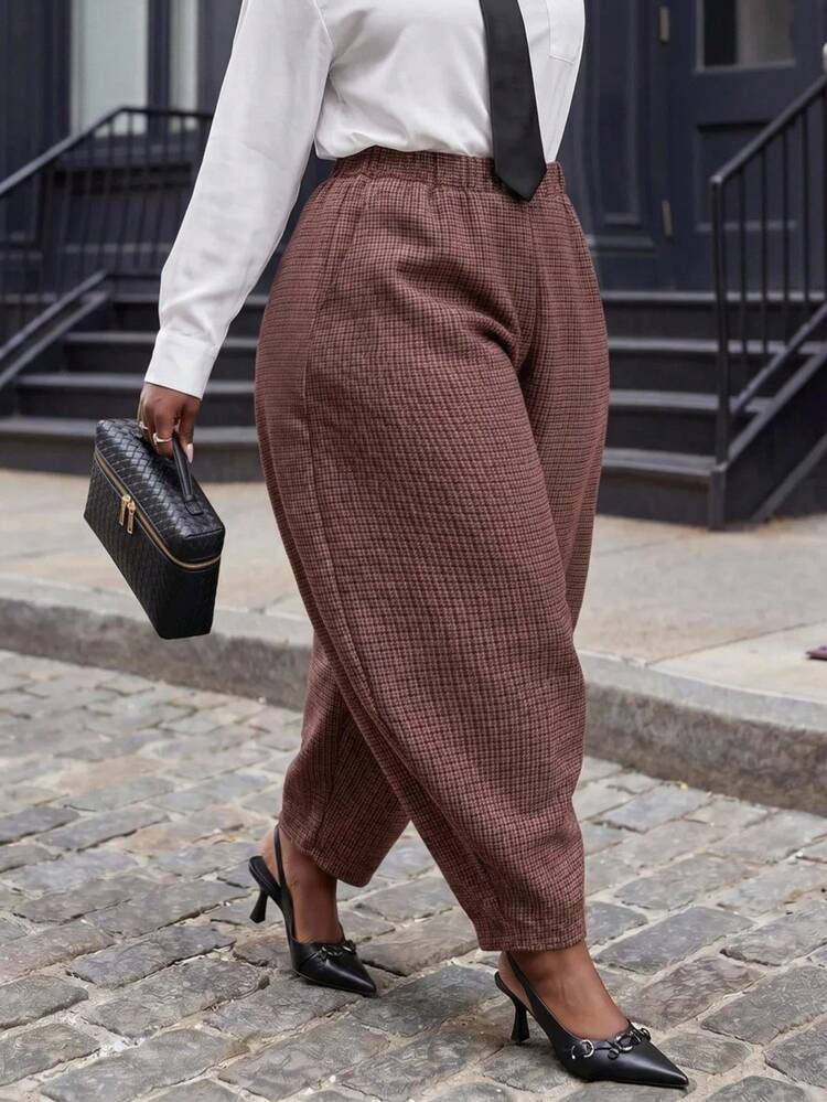 Slaydiva Plus Size Fashion Commuter Plaid Tapered Curved Leg Pants Fall | SHEIN