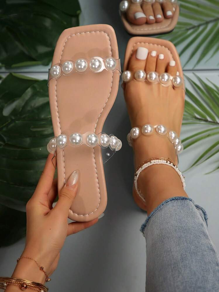 Latest Spring Summer Women Flat Casual Slippers, Faux Pearl Clear Crystal TPU, Comfortable Resort... | SHEIN