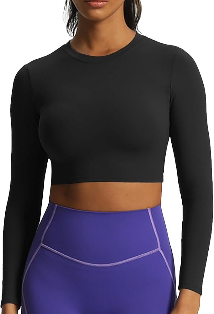 Aoxjox Long Sleeve Crop Tops for Women Classic Longline Workout Cropped T Shirt Top Length | Amazon (US)