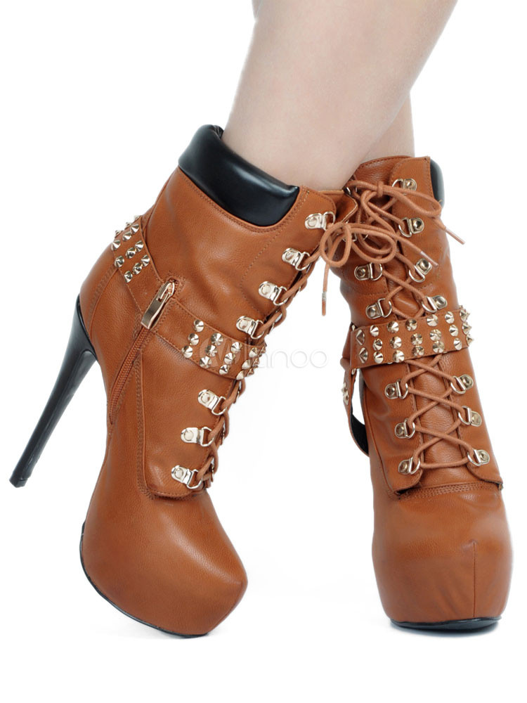Women's Ankle Boots Deep Brown Platform Lace Up Metal Detail High Heel Booties | Milanoo