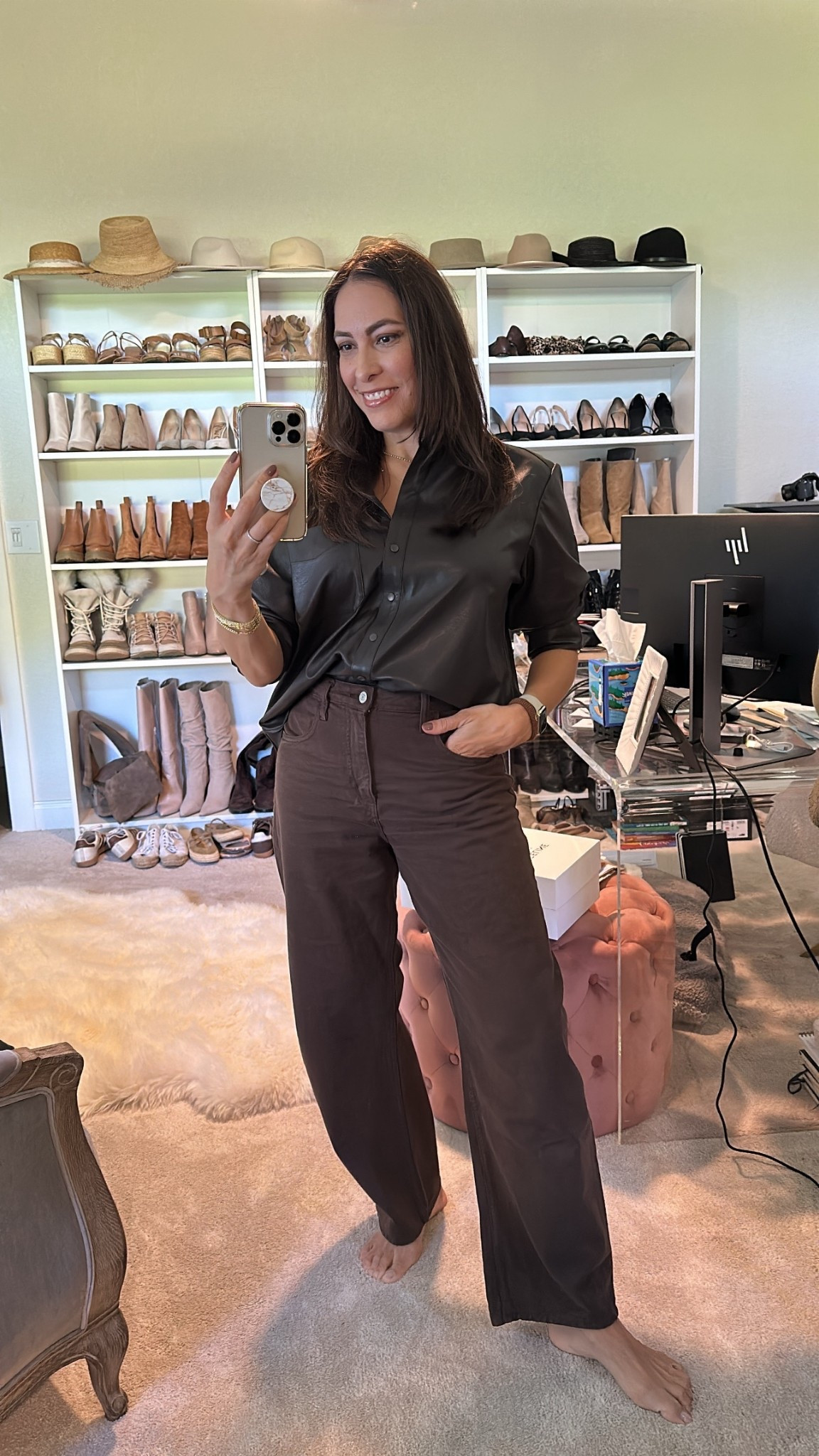Chocolate brown outfit! 

Amanda is wearing Brochu Walker brown leather top (sized up to large) and Mango chocolate brown barrel leg jeans.

@brochuwalker 

#LTKSeasonal #LTKOver40 #LTKStyleTip
