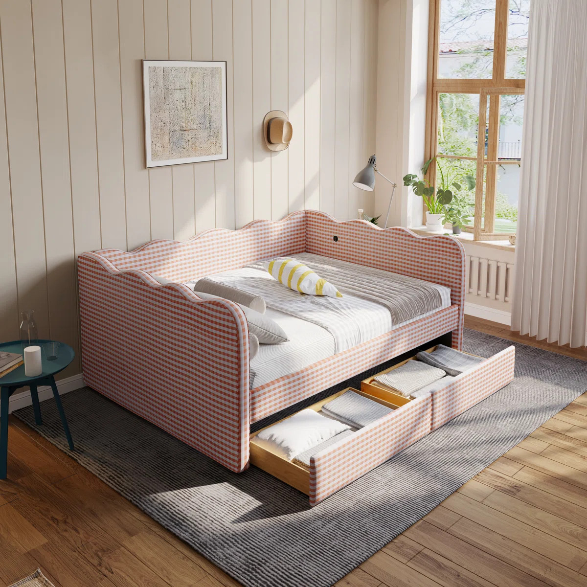 Gingham Daybed With 2 Storage Drawers And Usb Port, Wave-shaped Design | Wayfair North America