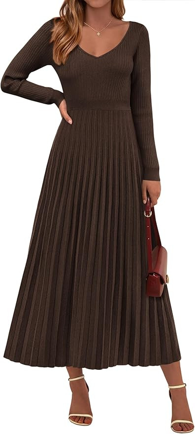 PRETTYGARDEN Womens Long Sleeve Maxi Pleated Sweater Dress | Amazon (US)