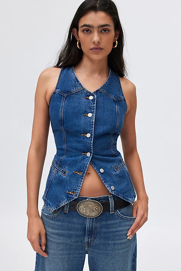 Levi's Longline Denim Vest Jacket in Tinted Denim, Women's at Urban Outfitters | Urban Outfitters (US and RoW)
