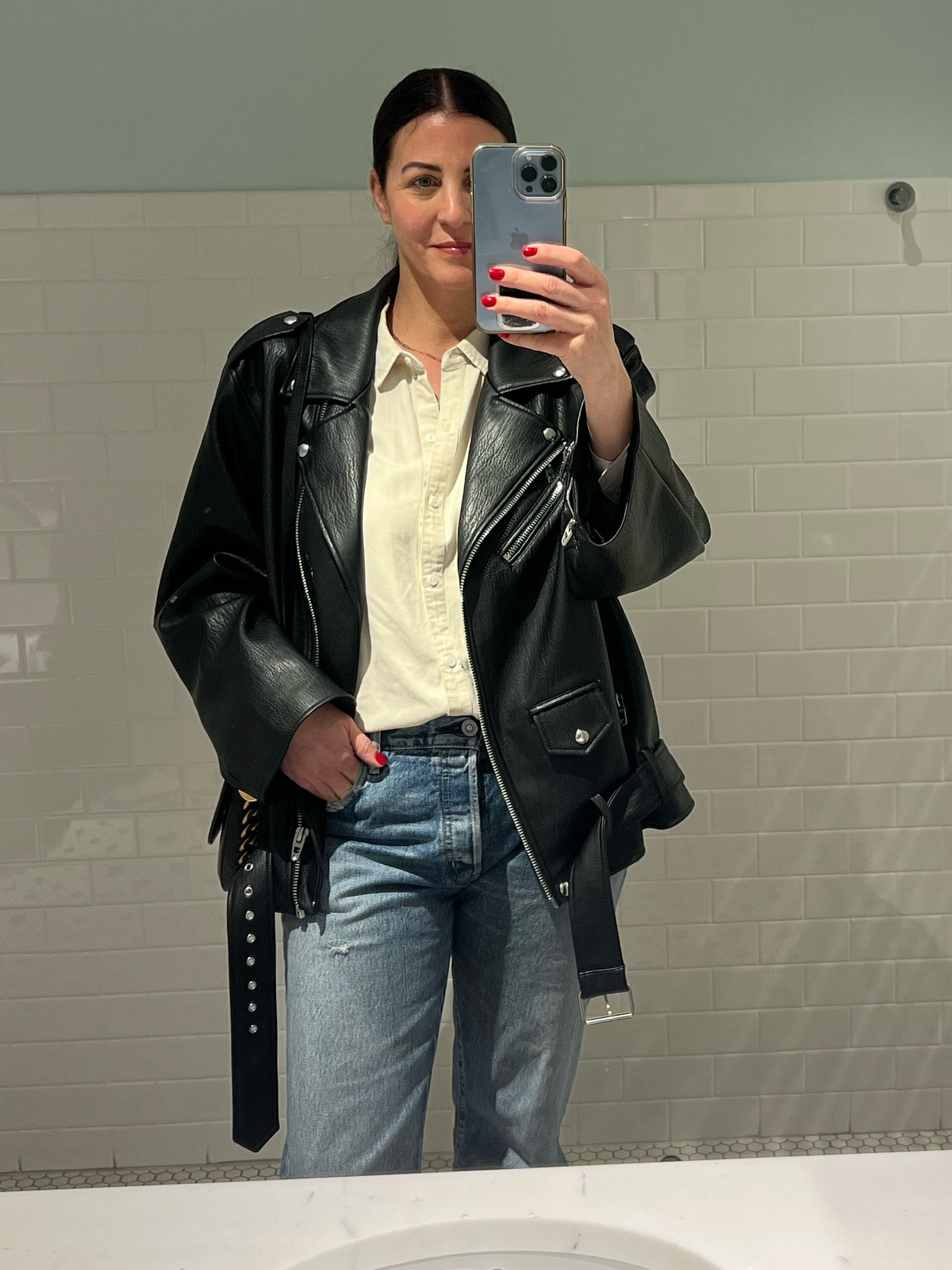 Spring look. My favorite jeans, easy button down and of course my go to $148 vegan leather oversized jacket. 

#LTKFind #LTKSeasonal #LTKstyletip