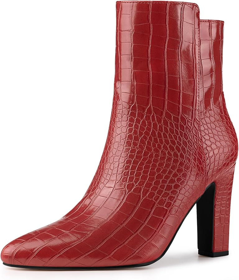 Allegra K Women's Printed Pointed Toe Chunky Heels Ankle Boots | Amazon (US)