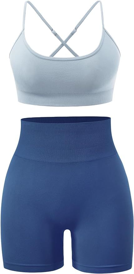 Workout Sets for Women 2 Piece Outfits High Waisted Yoga Shorts with Adjustable Strappy Sports Br... | Amazon (US)