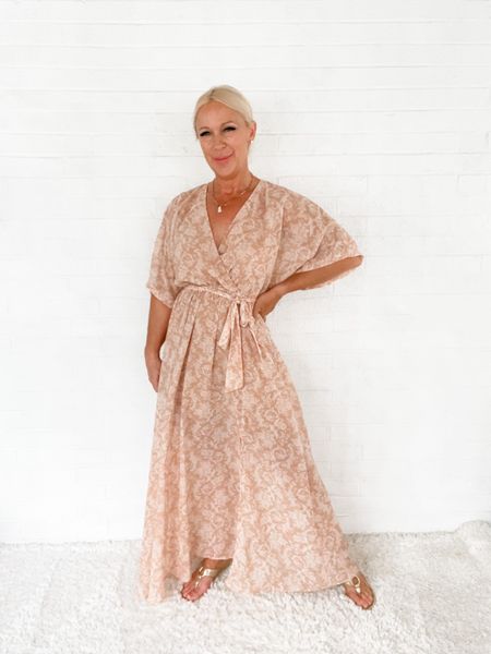 Styling Midlife Arms for Dresses. This kimono dress is a light chiffon fabric, offering plenty of coverage for the upper arm area. This is a great wedding guest dress for summer!

#LTKunder50 #LTKSeasonal #LTKwedding