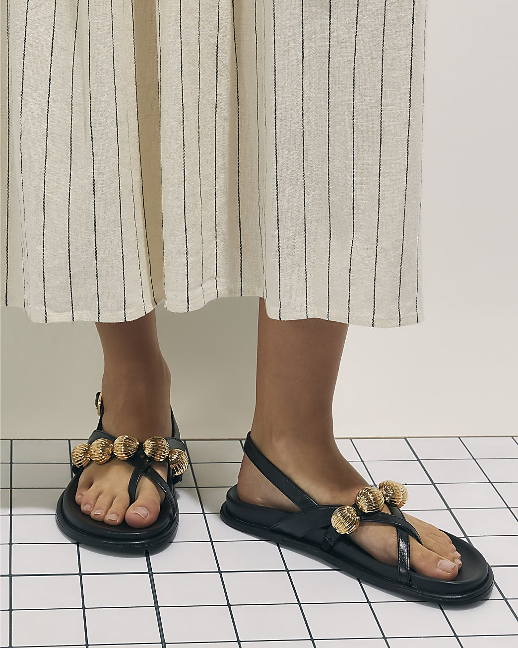 Black Gold Ball Strap Footbed Sandals | River Island UK & IE