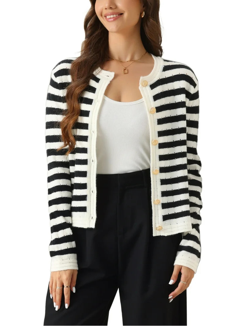 INSPIRE CHIC Women's Striped Button Down Long Sleeve Sweater Knit Casual Cardigan S White Black | Walmart (US)