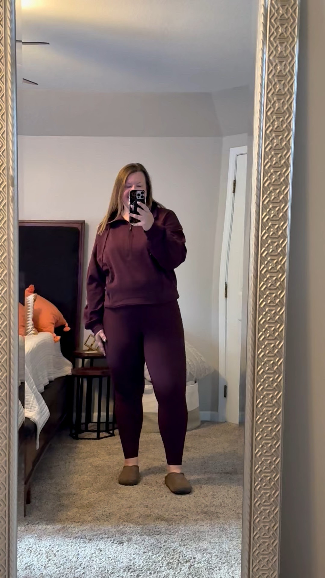 Burgundy pullover is an XXL. Leggings are a size XL Shoes. 
Athleisure. Loungewear. Mules. Fall comfort. Running errands. Colored leggings. Activewear  

#LTKOver40 #LTKFindsUnder50 #LTKMidsize