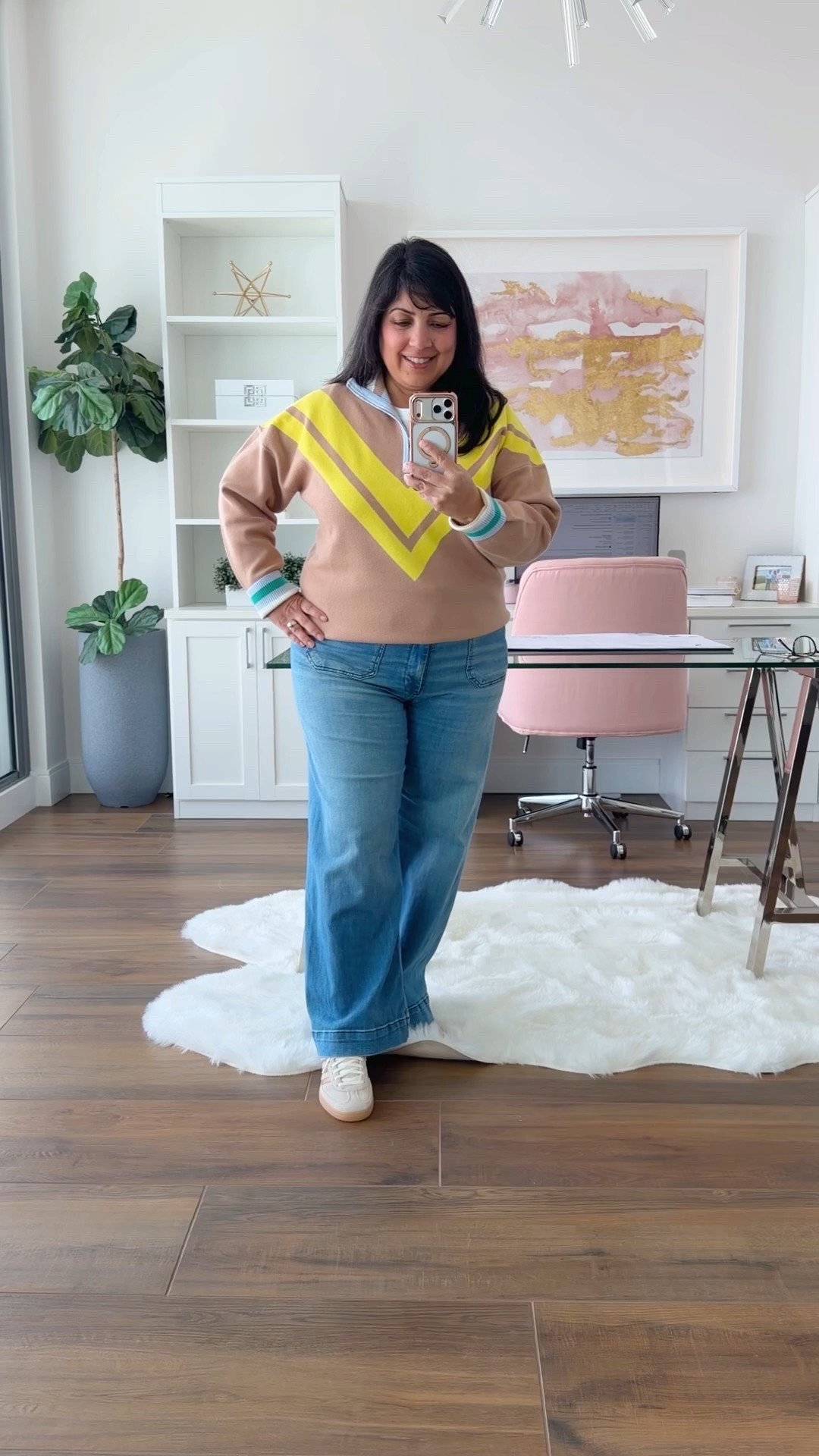 What I wore for a casual day out today. This fun colorful Avara sweater is now available in a brand new beautiful color combo. Wearing this original style sweater in size large. Anthropologie Colette full length jeans are so soft and comfortable. Wearing them here in size 32 Petite. Adidas Spezial sneakers in this pretty gold metallic color way. Sizing is different so make sure you size down. I normally wear a women’s size 7.5 or 8 depending on the brand and I wear these shoes in a size 7. 

#LTKOver40 #LTKPetite #LTKMidsize