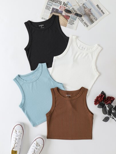 4pcs Solid Ribbed Crop Tank Top | SHEIN