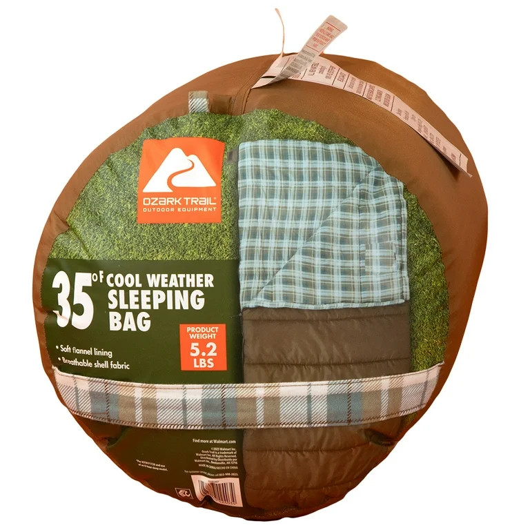 Ozark Trail 35F Flannel Lined Rectangle Adult Sleeping Bag - Brown (80" x 36") | Walmart (US)