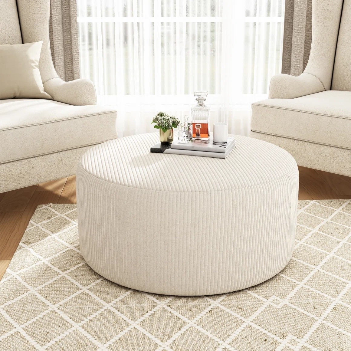 Soft, neutral, and effortlessly chic 🤍
This round upholstered ottoman is the perfect centerpiece for a cozy, elegant living room. Use it as a coffee table, footrest, or extra seating — the textured fabric and neutral tone make it versatile for any space.