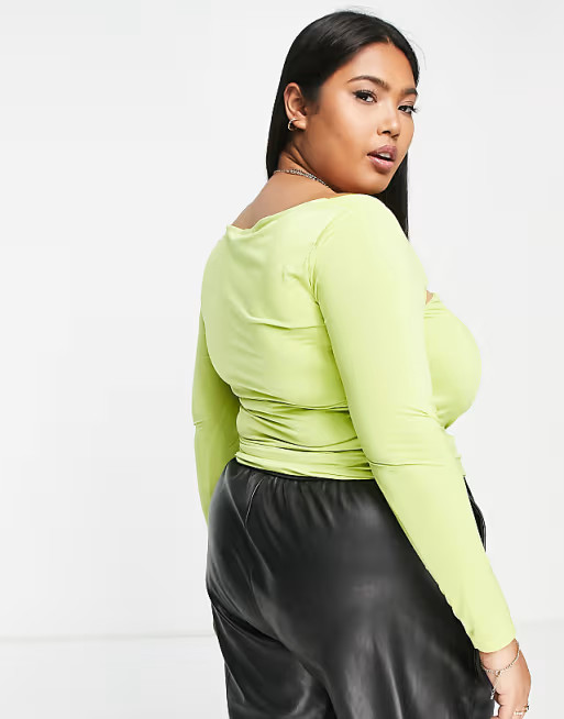 Missguided Plus slinky long sleeve cut out top with twist detail in lime | ASOS (Global)