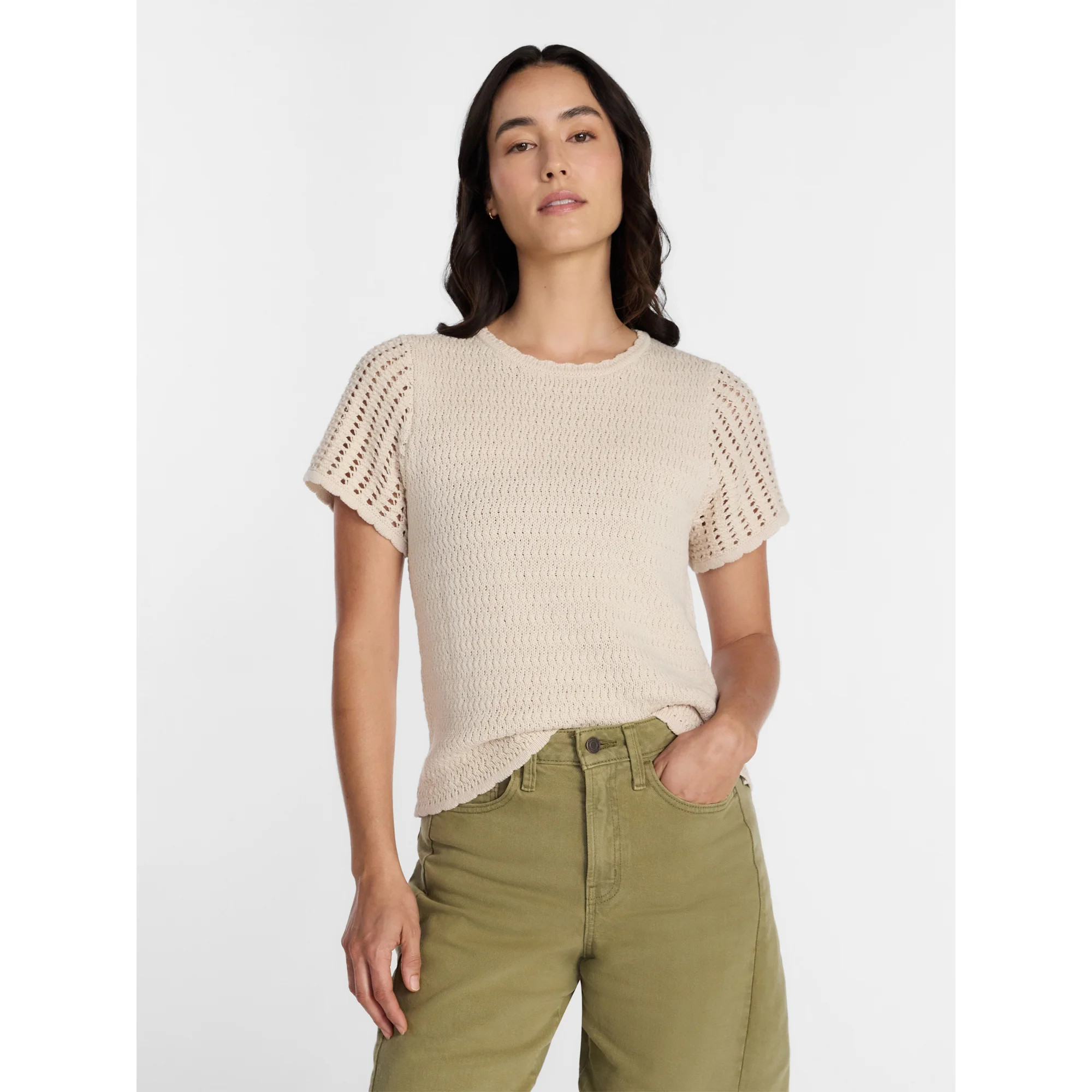 Time and Tru Women's Textured Crewneck Sweater with Short Sleeves, Lightweight, Sizes XS-XXXL | Walmart (US)