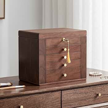 Black Walnut Wooden Jewelry Box, Wood Jewelry Organizer with 2 Side Doors Mirror Lockable Classic... | Amazon (US)