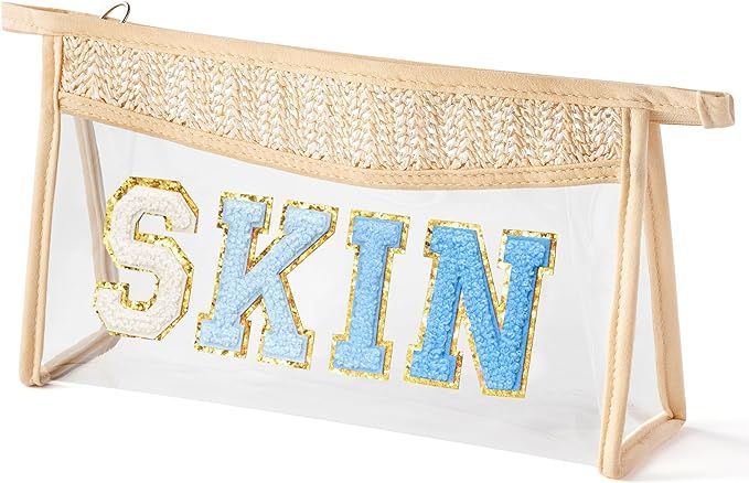 Boho Patch Cosmetic Bag - Summer SKIN Blue Chenille Varsity Letter Clear Toiletry Bag Aesthetic W... | Amazon (US)