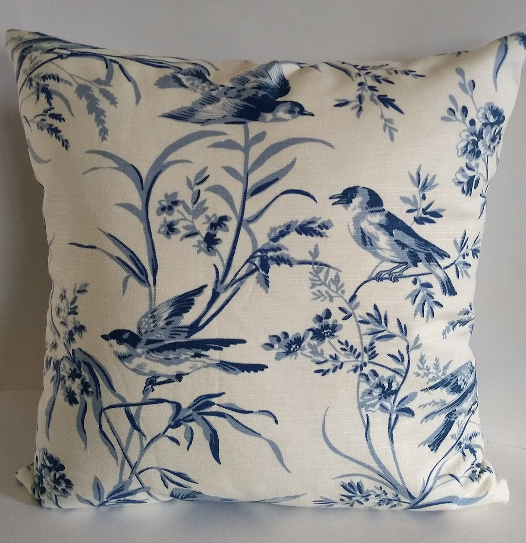 French General Aviary Toile Bird Blue Ivory Throw Pillow Cover - Etsy | Etsy (US)