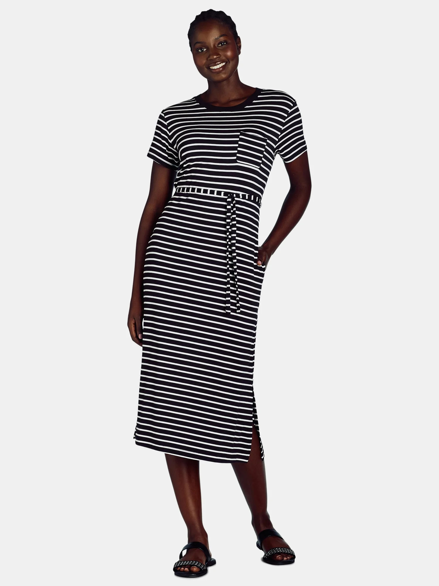 Time and Tru Women's Belted T-Shirt Dress with Short Sleeves, Sizes XS-XXXL | Walmart (US)